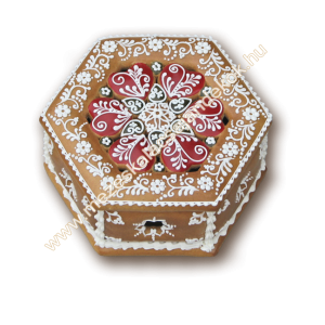 Hatszögletű mézeskalács doboz szívekkel és virágmintával