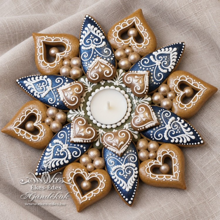 Fémes csillogású adventi mézeskalács csillag mécsessel